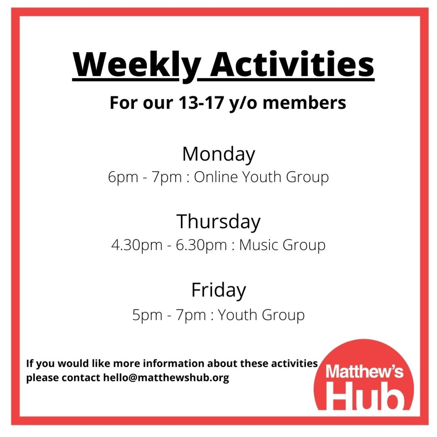 Weekly activities 13 17 without locations