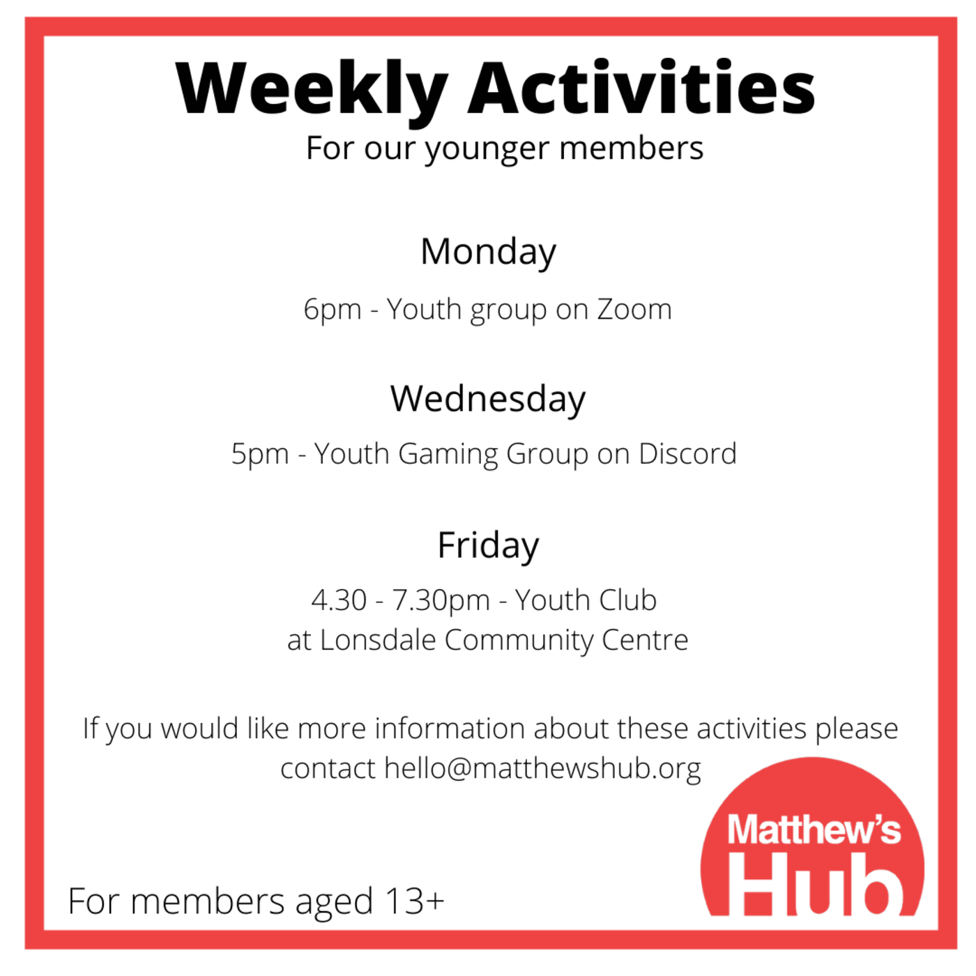 Weekly activities 13   18
