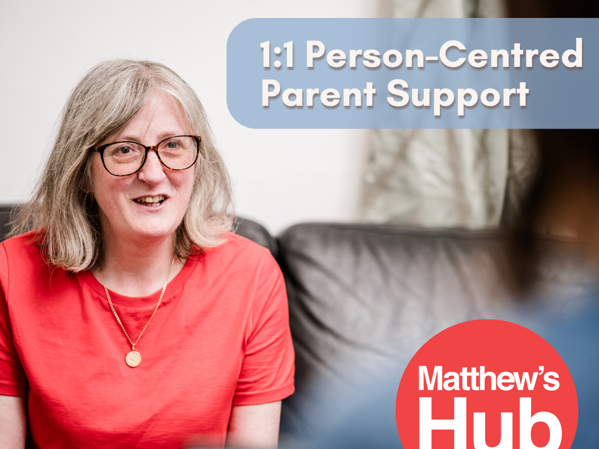 1:1 Person Centred Parent Support. A woman in a red t-shirt and glasses talks to a woman in blue